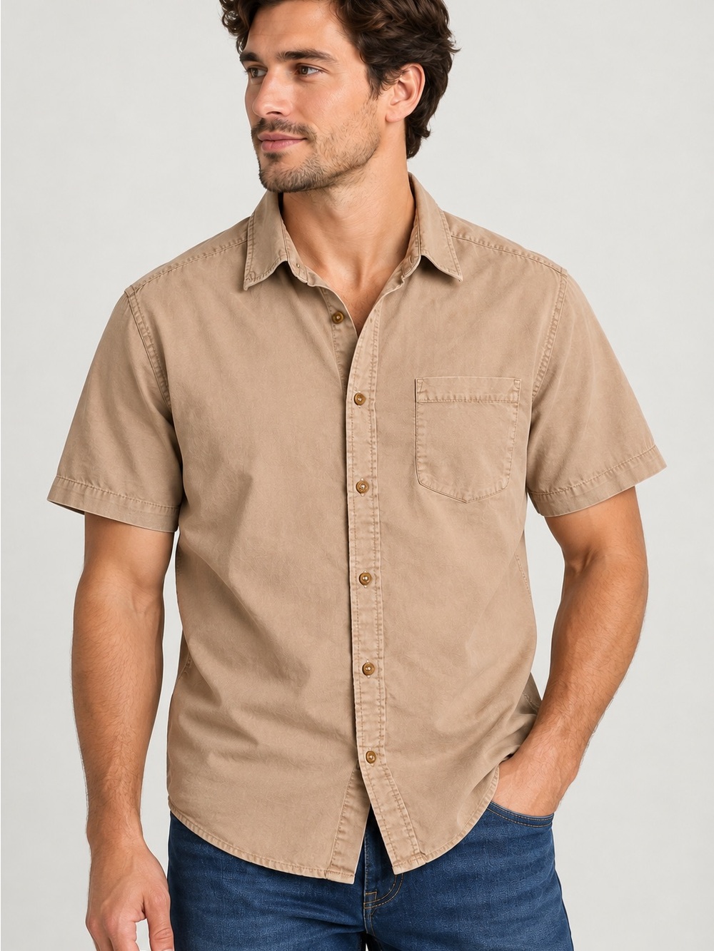 Banana Republic Men’s Large Slim Fit Tan Short Sleeve Button Down Shirt Cotton